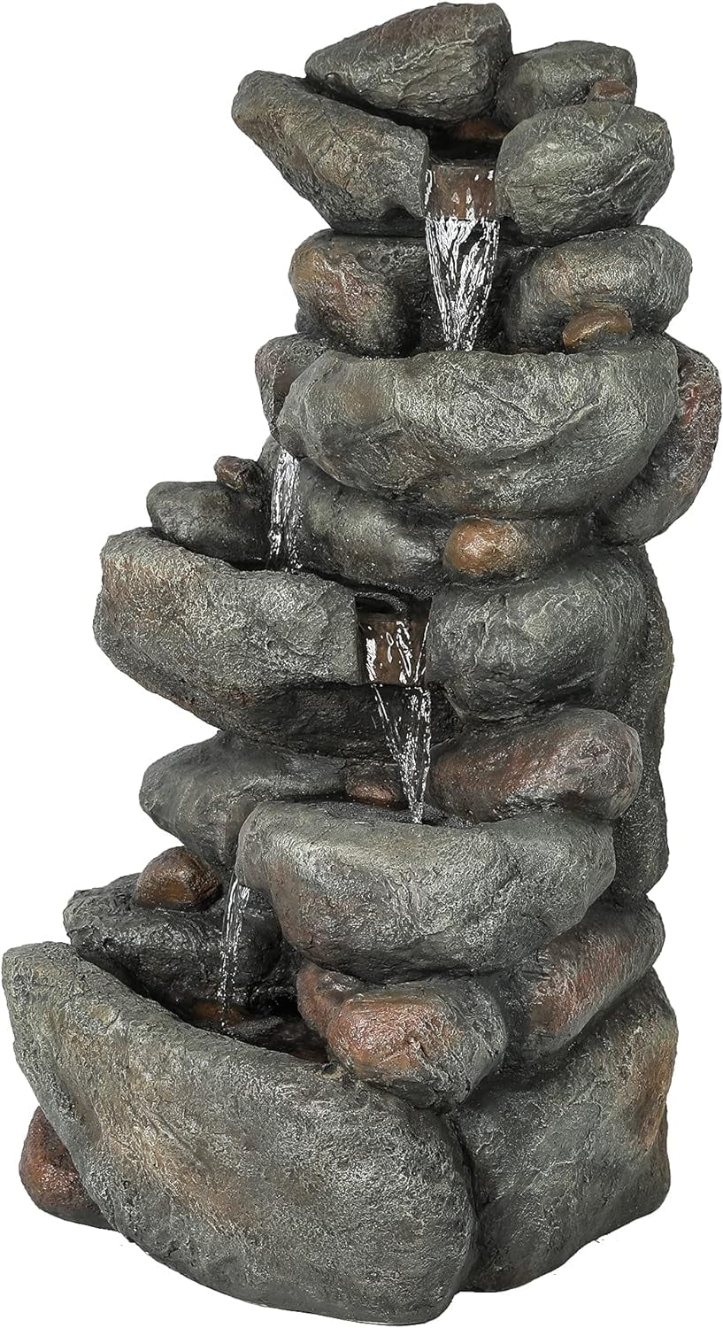 Resin Fountain, Backyard exterior Fountain For Courtyard Fountain Layer Decorative Floor Garden Stacked Rock Waterfall Cascading 4