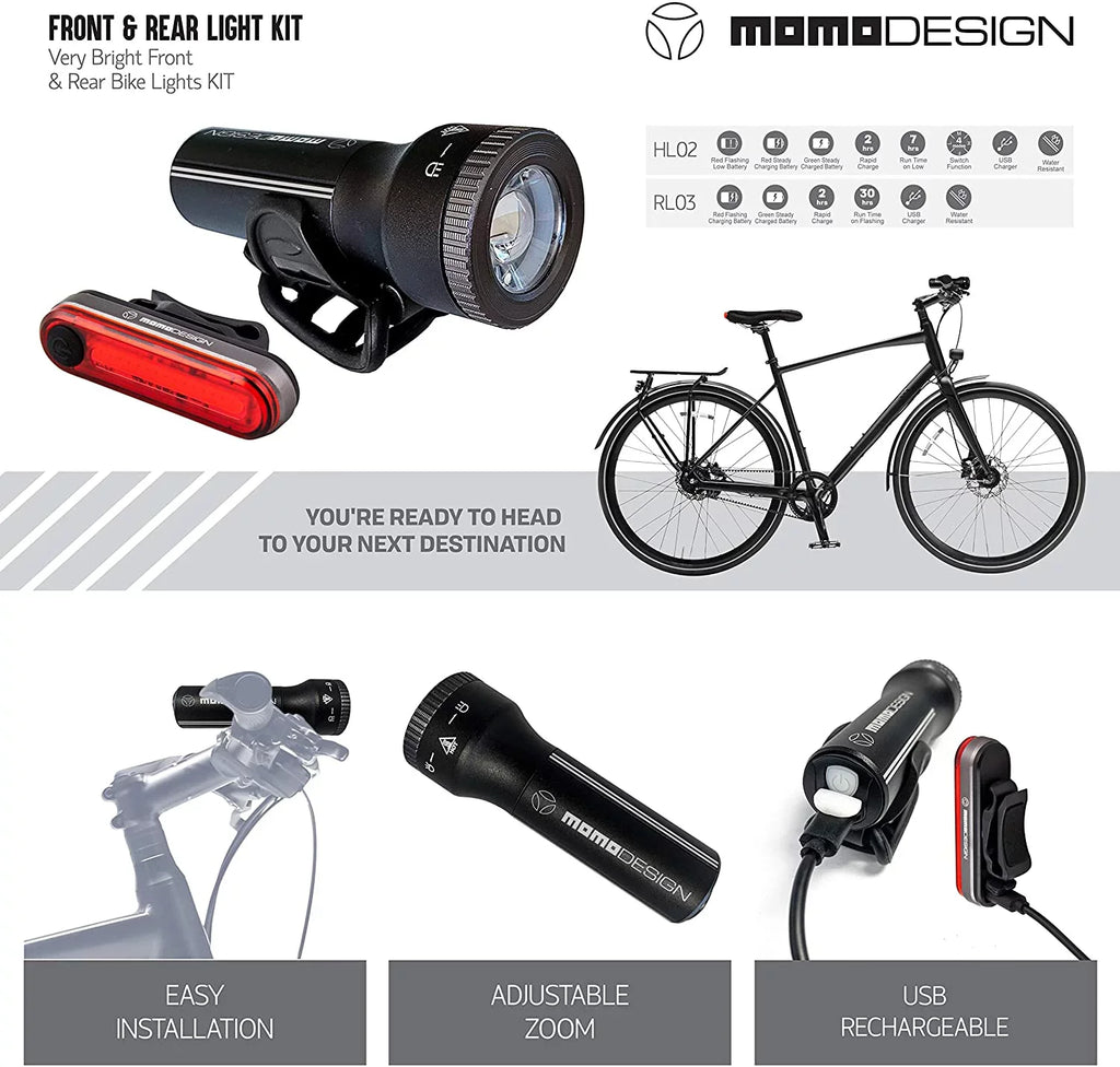 Designed for Night for USB & KIT Light Rear Rechargeable, Headlight Resistant, climate Bike 300 Visibility, MOMODESIGN Light COMMUTERS