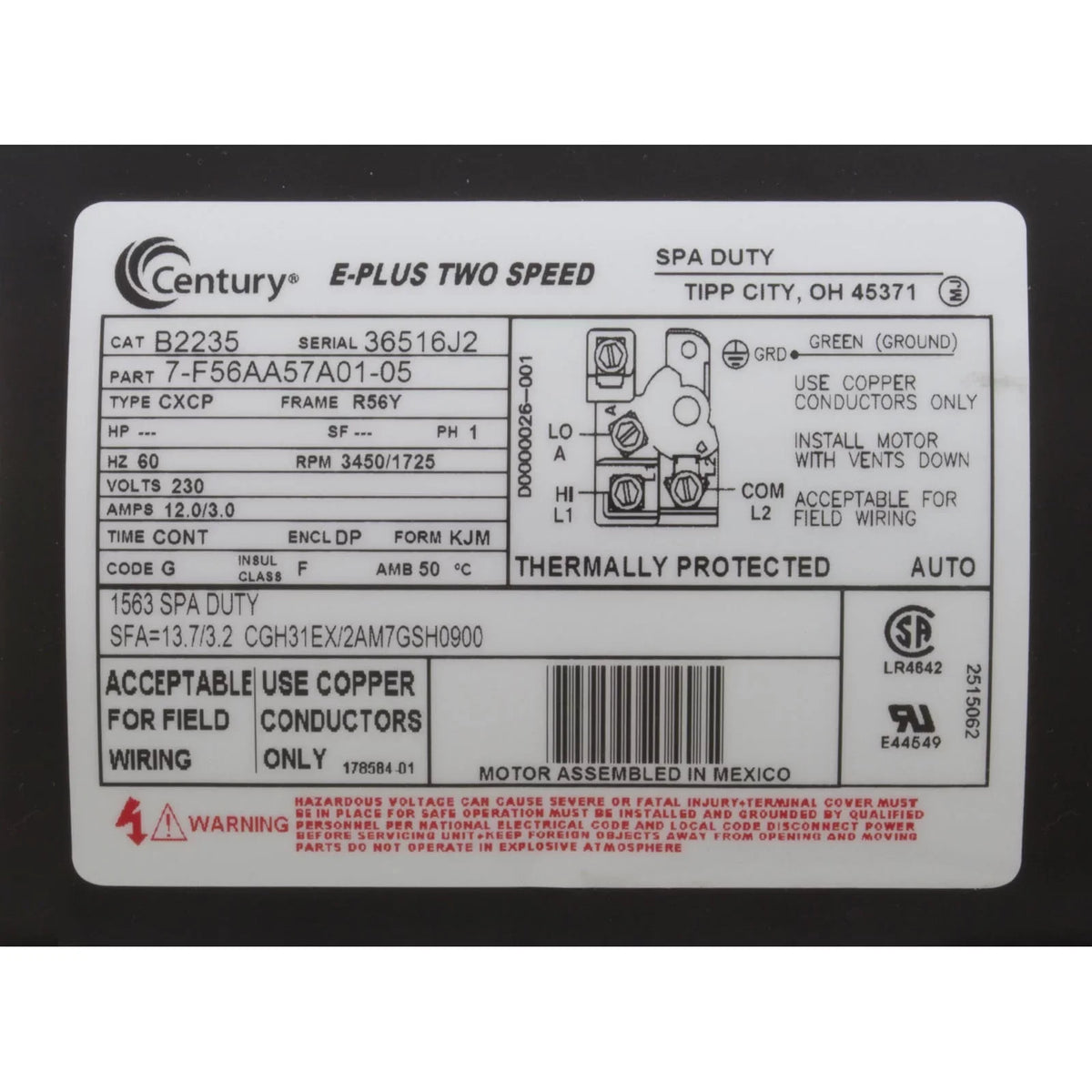 0.50 56Y 230V Waterway B2235 HP 12.0/4.4A Smith Replacement Pump or A.O. Century Motor, 4.0 Thru-Bolt