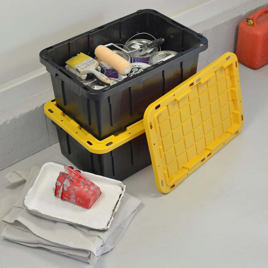 Snap Plastic Box of 17 Stackable Storage Lid Gallon Container, with Black Lid, Set Tough 4 Yellow