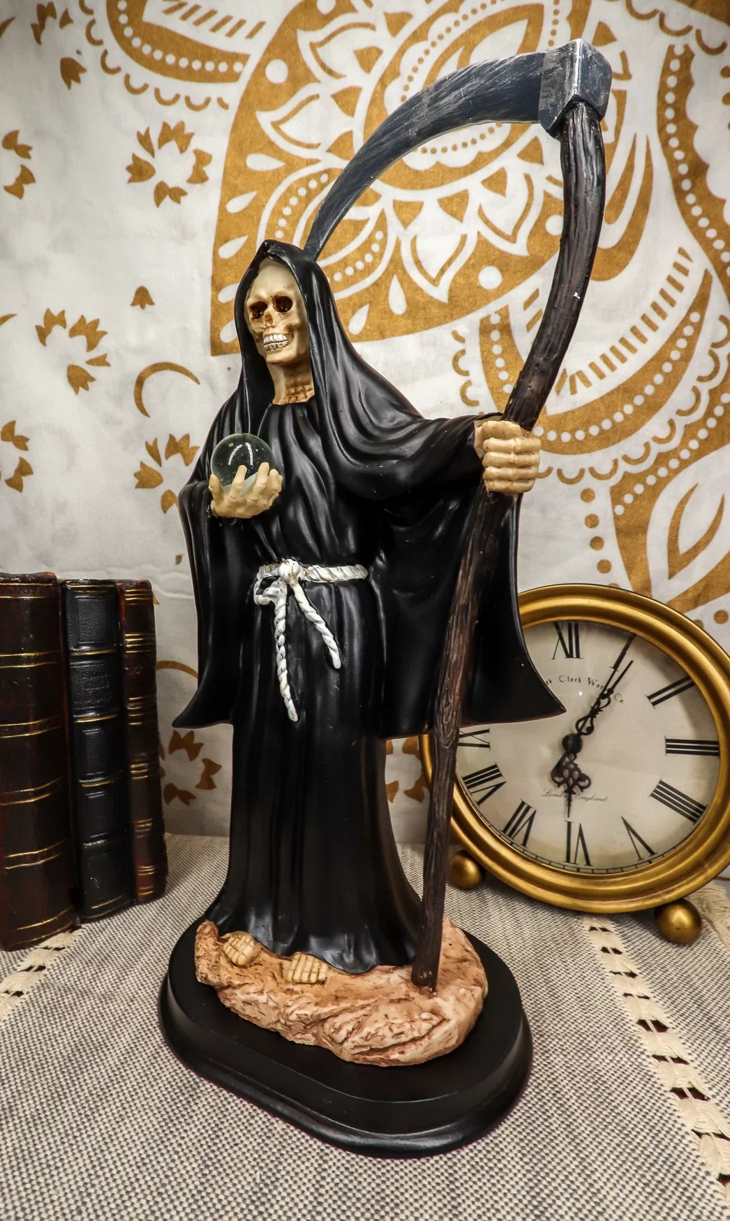 Tall Tunic in Ebros Statue Robe Holding Santa Muerte Holy Scythe Black 12.75"