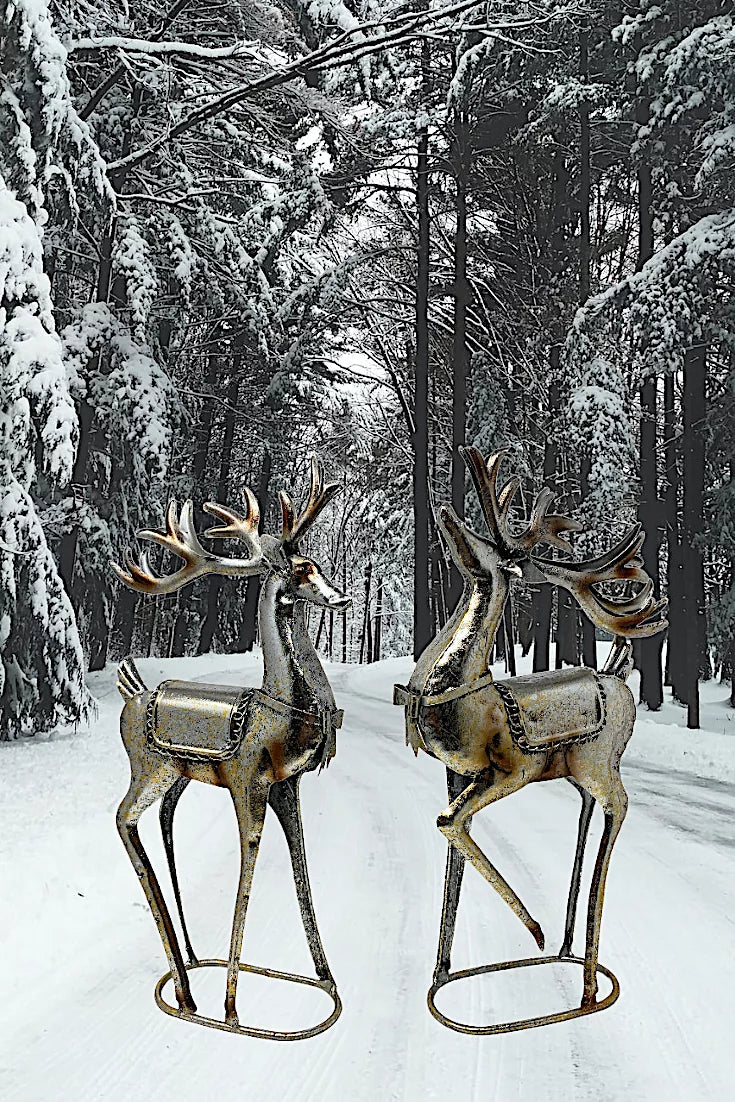 Office Fireplace Reindeer Home Room Color 16" Figurines Glitter Standing Decor Christmas Metal Statue Holiday Tabletop Champagne x 8" S/2