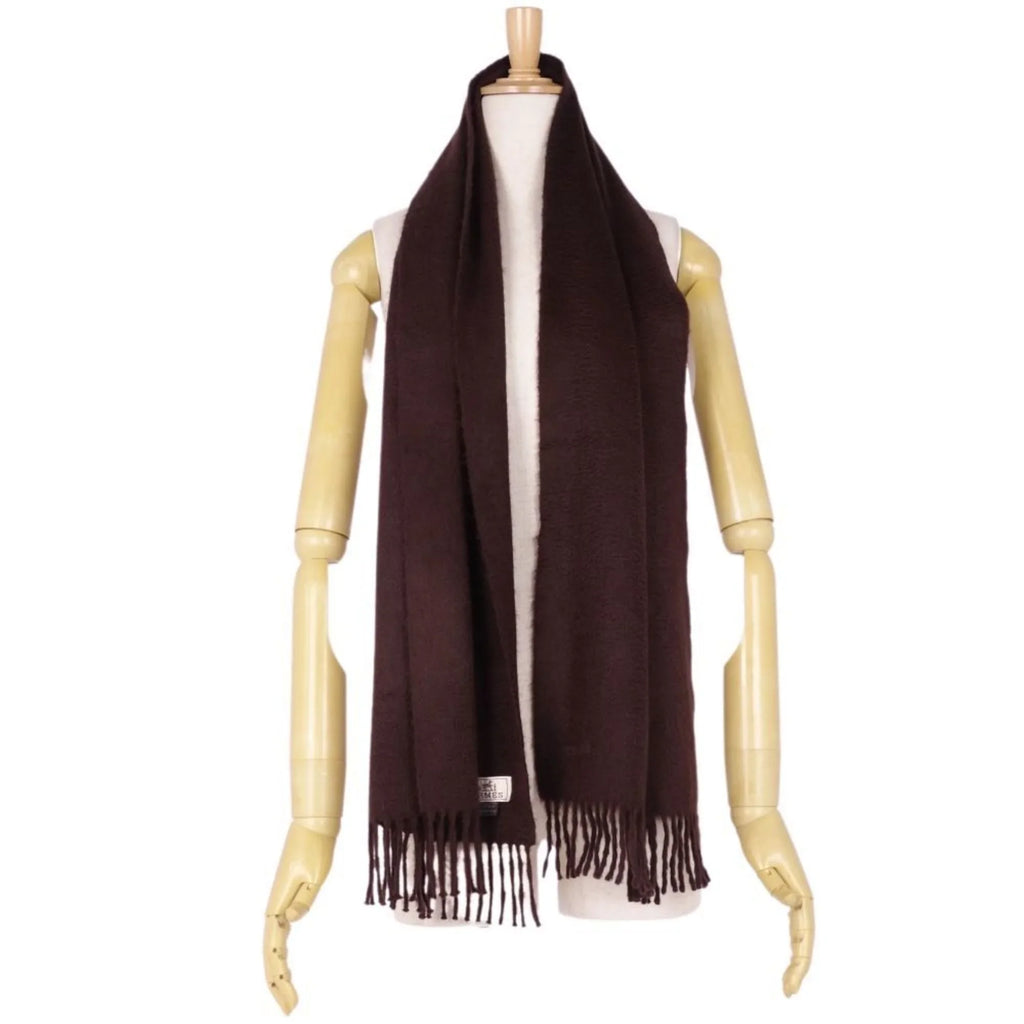 cashmere men's women's Pre-Owned brown scarf HERMES embroidery (Good) dark 100%