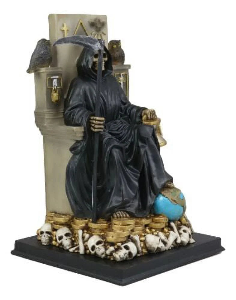 On Black Our Death Santa Lady Statue Of Muerte Seated Throne Scythe Holding