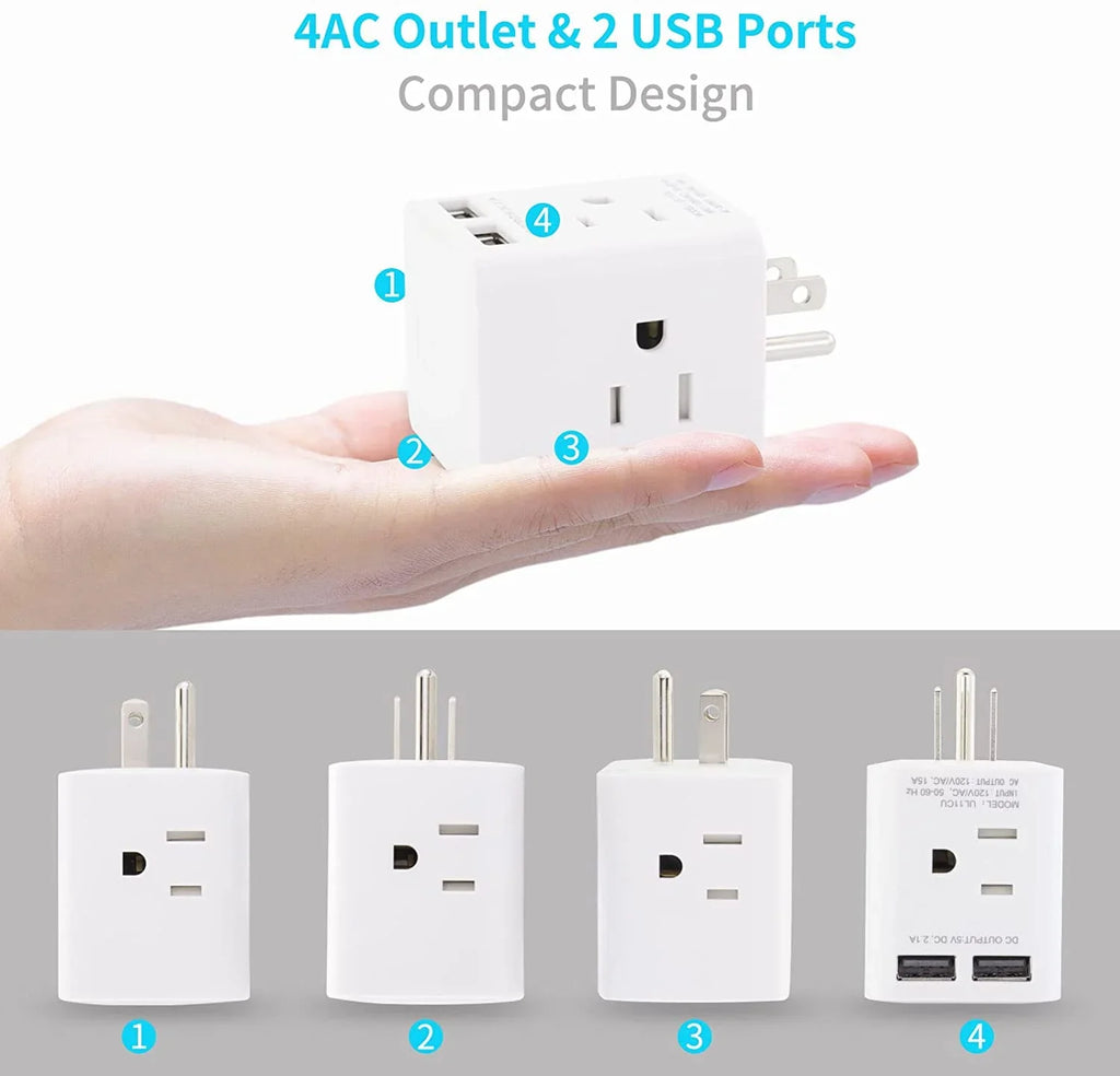 USA Splitter Adapter Angle Adapter Plug USB Cube and 2 Travel,White Prong for with Home Extender 3 Multi AC Wonplug Wide Outlet Ship Sockets, Plug Right Office Spaced Cruise 4 Wall Charger