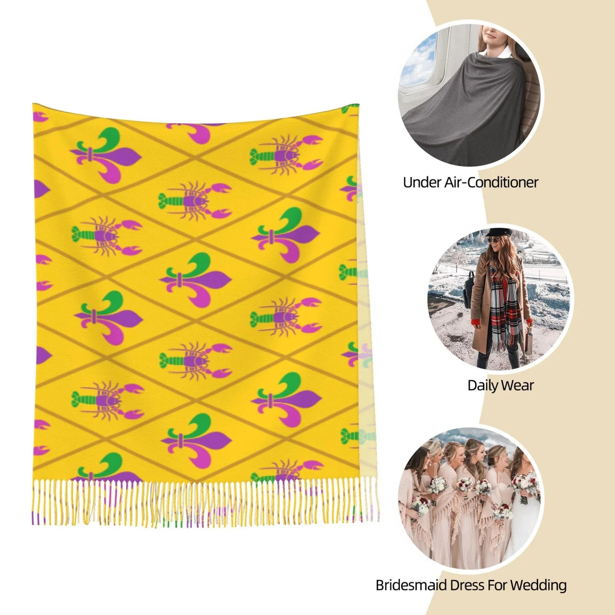 Scarves Cashmere Bingfone Shawl Print and Art Gifts- Wrap Crayfish de Fleur Winter Mardi Elegant Scarf lis For Soft Gras Large Feel Warm Women