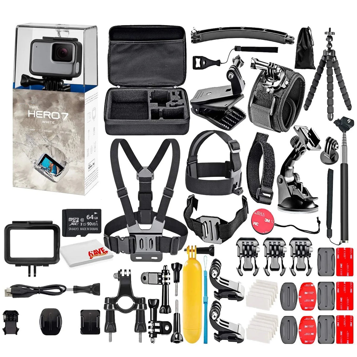 HERO7 Fully - Waterproof Card Camera with - 64GB GoPro Kit Video, Micro Photos, White Full Stabilization with Piece Screen, Loaded Action Sd Touch 50 and HD and Accessory - Bundle 10MP