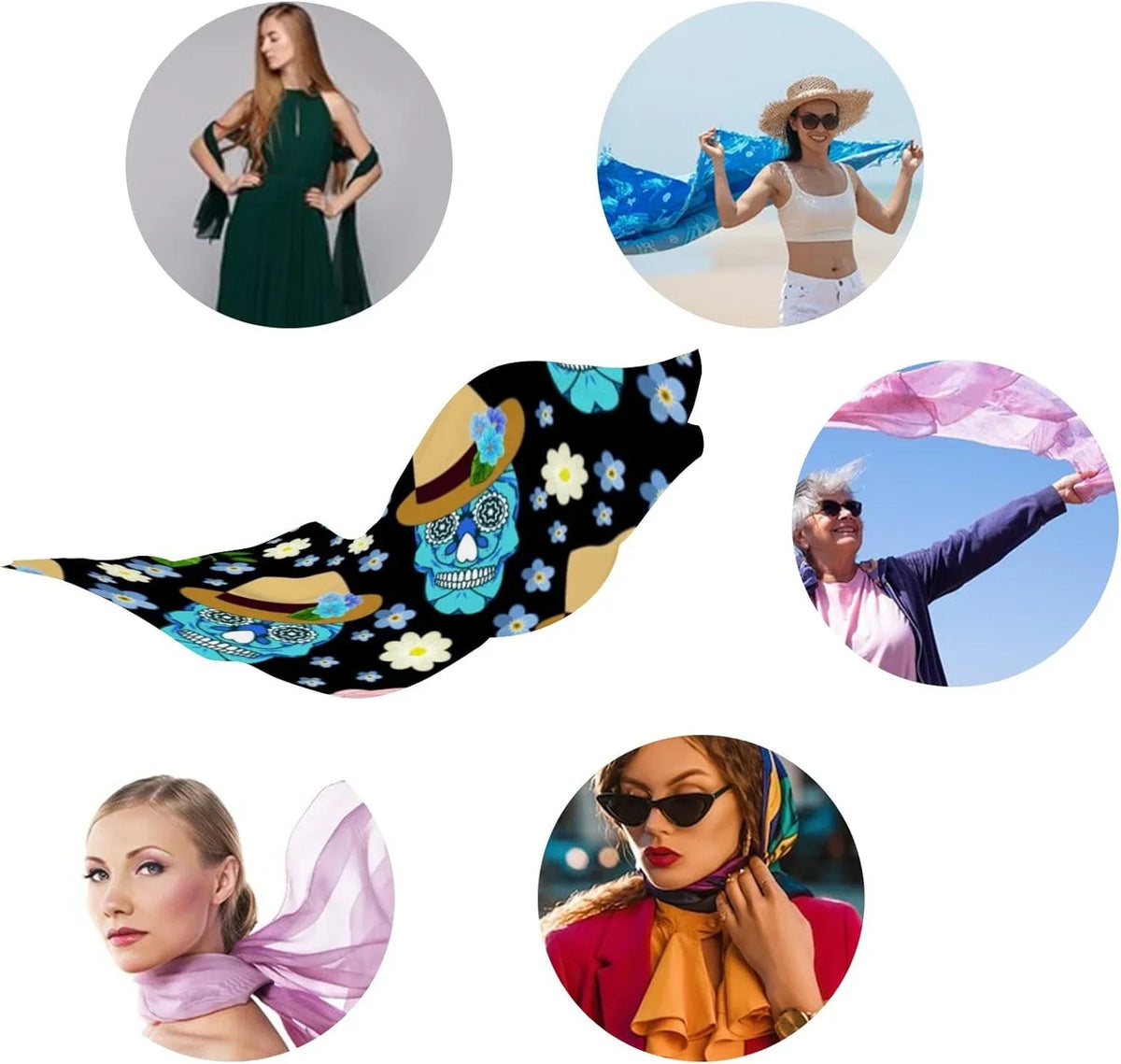 Girls Silk for Lightweight Long Hyjoy Feather Scarves Skull Scarf Neck Shawl Ethnic Women Wrap And