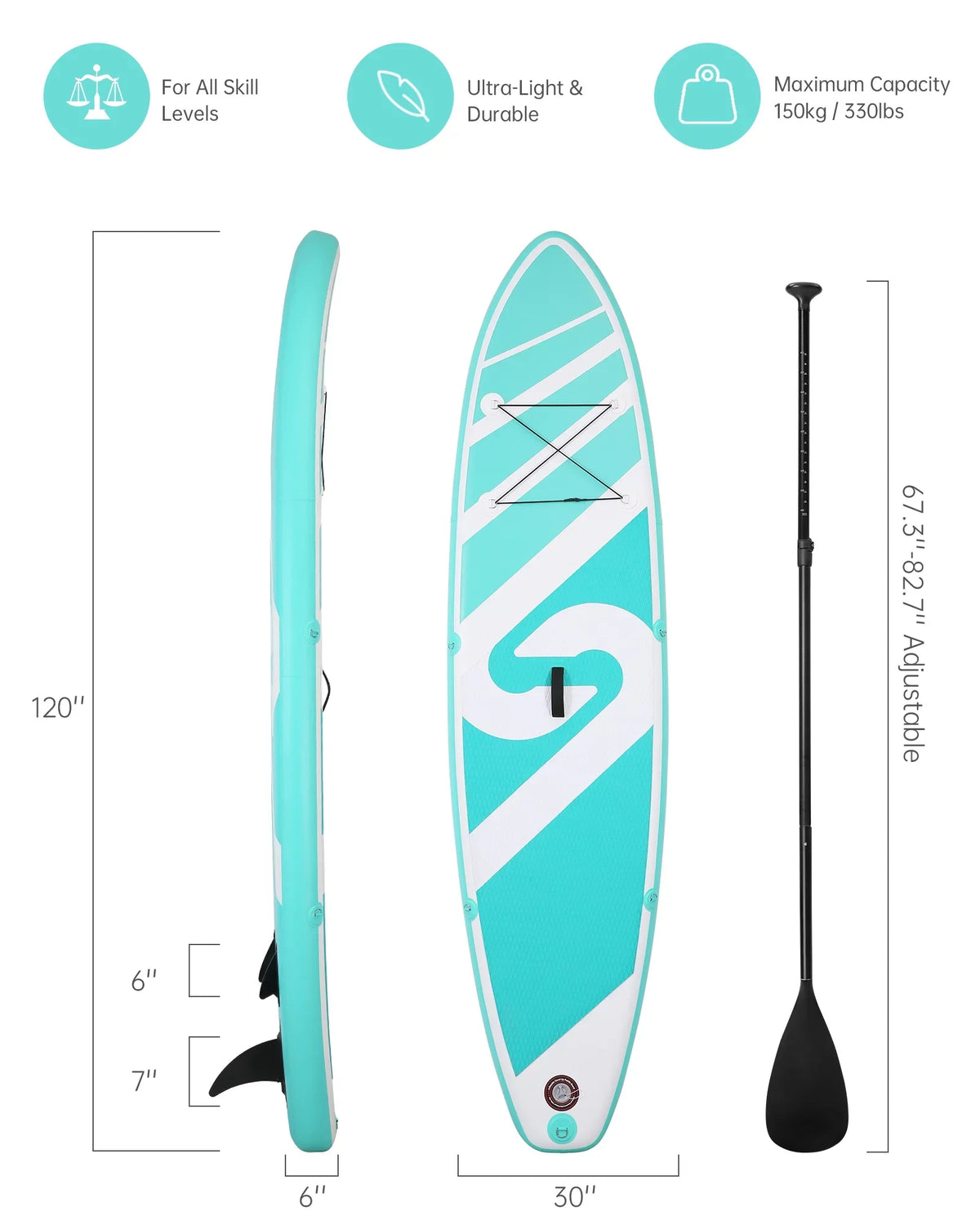 for Board Paddle Summer Board Adults with SUP 120"x30"x6" Board Inflatable Up Stand Youth & Paddle
