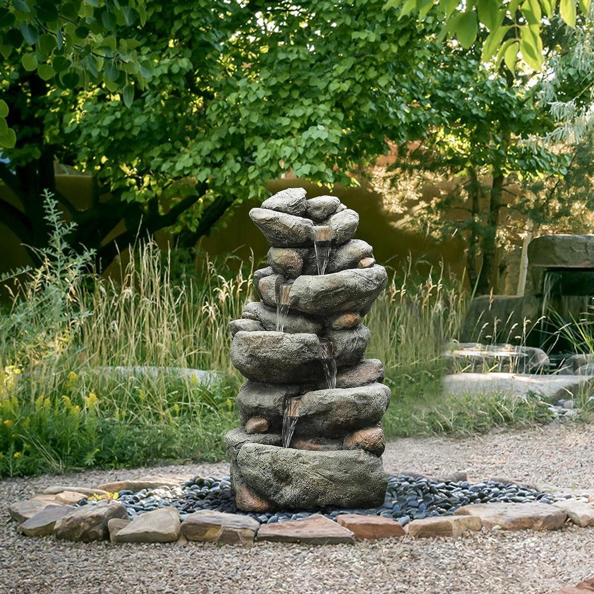 Resin Fountain, Backyard exterior Fountain For Courtyard Fountain Layer Decorative Floor Garden Stacked Rock Waterfall Cascading 4