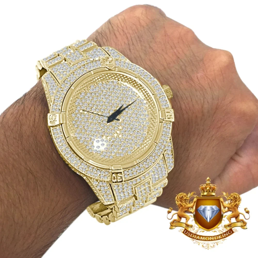 Bling Techno Gold Pave Finish Yellow Simulated Crystal Fully Diamond Men's Watch