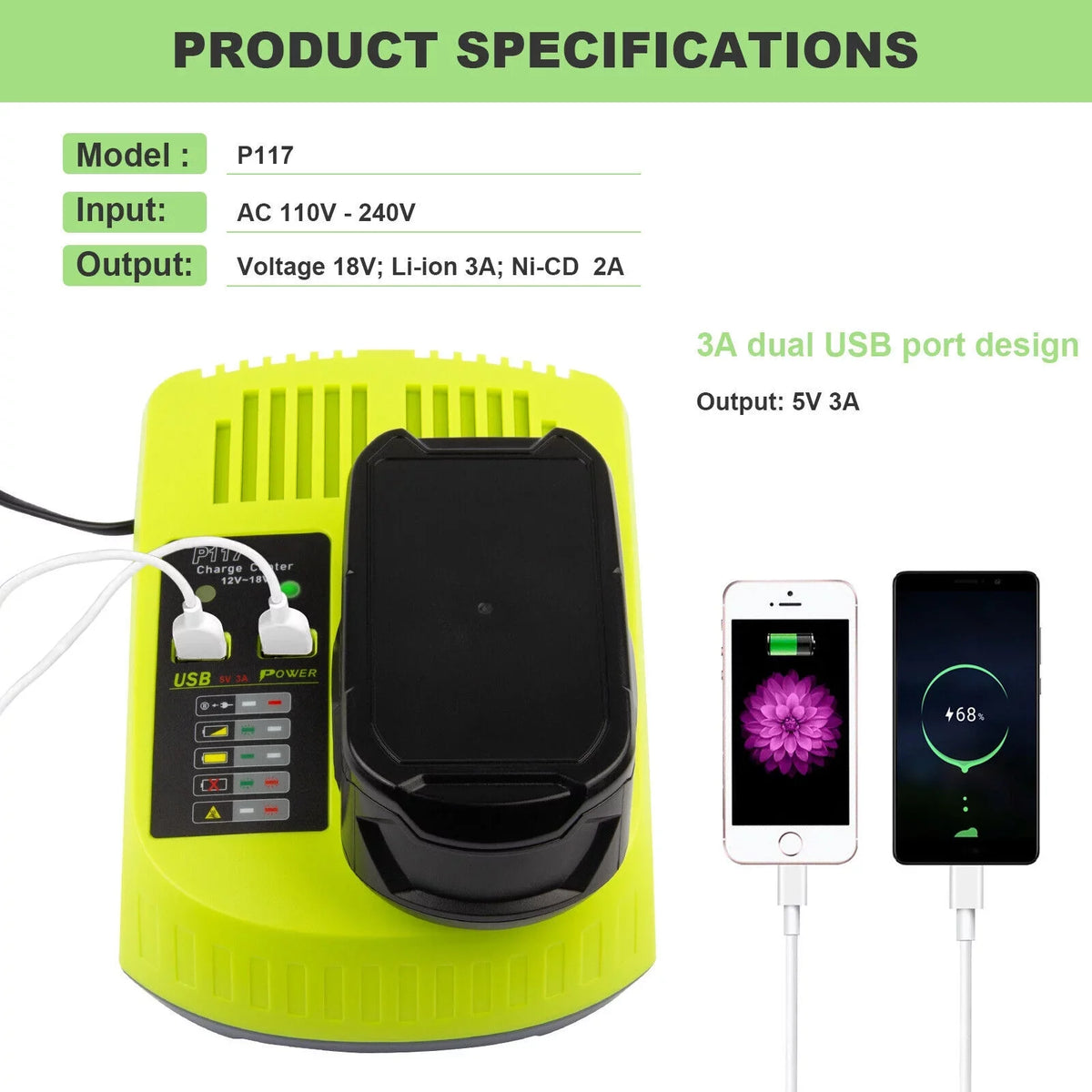 Charger 18Volt Capacity Battery High P106 Lithium-Ion RYOBI 18V For US P117 P108