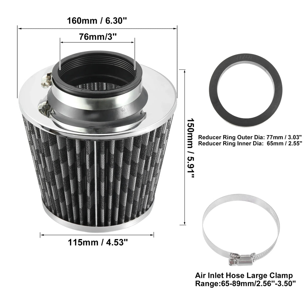 Inlet Cold Filter Dry Air Clamp on Carbon 2.5" Air Pattern Cone Intake Washable Reducer Ring 65mm Fiber 1pcs Replacement