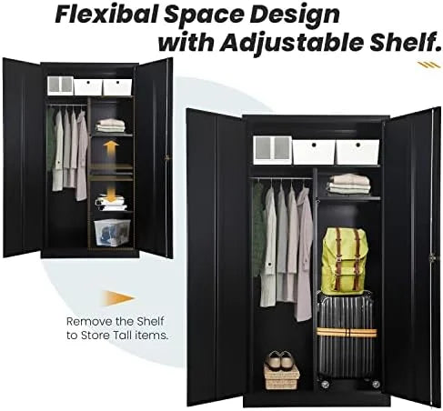 and Metal Removable - (White) Closet Rods Armoires with Lock Locker with Wardrobe Shelves Hanging Adjustable Bedroom 72" RUNFAYBIU