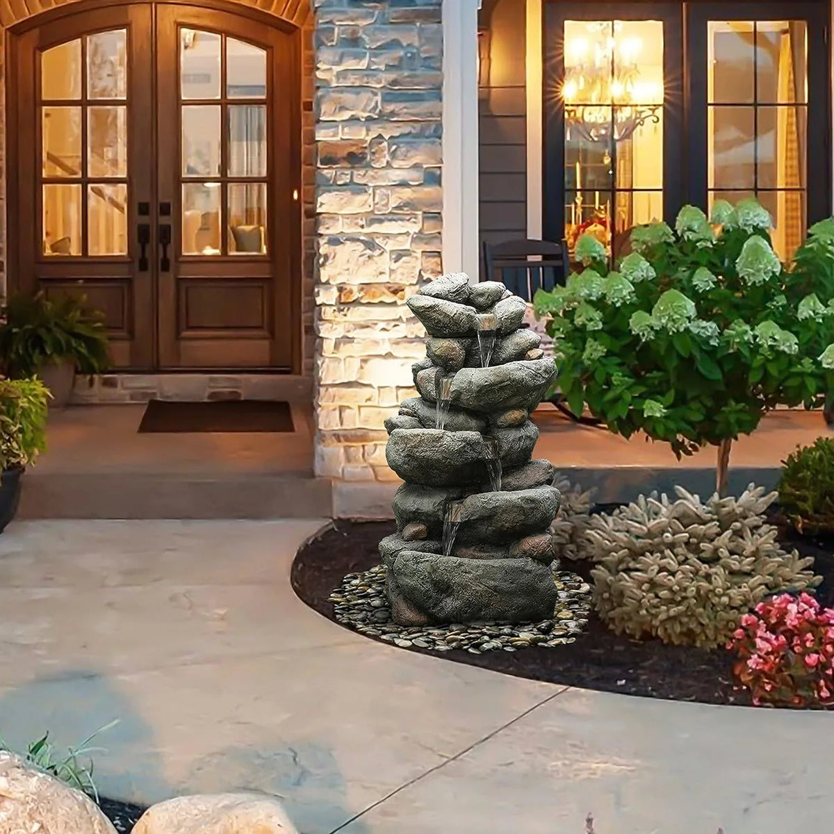 Resin Fountain, Backyard exterior Fountain For Courtyard Fountain Layer Decorative Floor Garden Stacked Rock Waterfall Cascading 4
