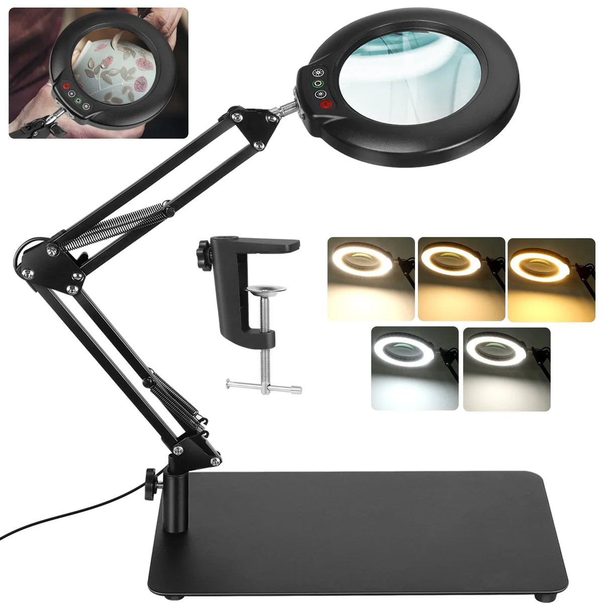 Magnifier 2-in-1 Light Lighted with Sewing Glass with Color Hands and Free LED Dimmable, 5 Magnifying Modes Clamp, Lamp Close 10X Desk Work, Painting, Magnifying Stand, Craft, for Stepless