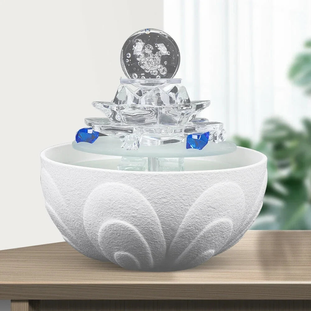 Lotus Fountain Waterfall White Fountain, Crystal Teahouse Fountain Office Tabletop Decor liquid Ornament Desktop liquid Desktop Flowing