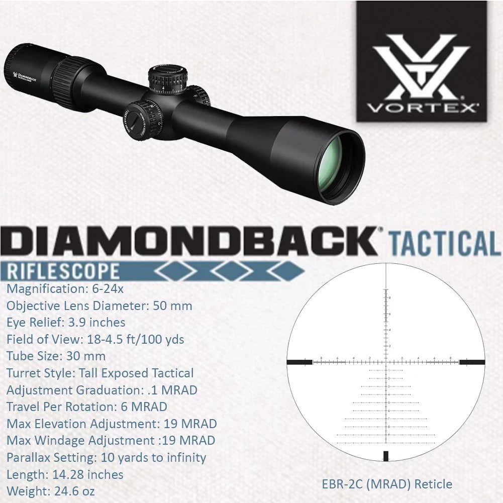 Vortex 30mm) with and High Tactical FFP (MRAD) (1.18in, 6-24x50 EBR-2C Hat Vortex Diamondback Bundle Free Riflescope Rings Optics