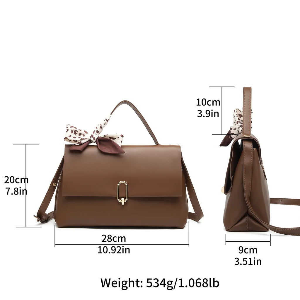 bags Women's Silk square Leather handbags bag crossbody Brown Flap Bag Handle Shoulder ladies hand PU Scarf bags women