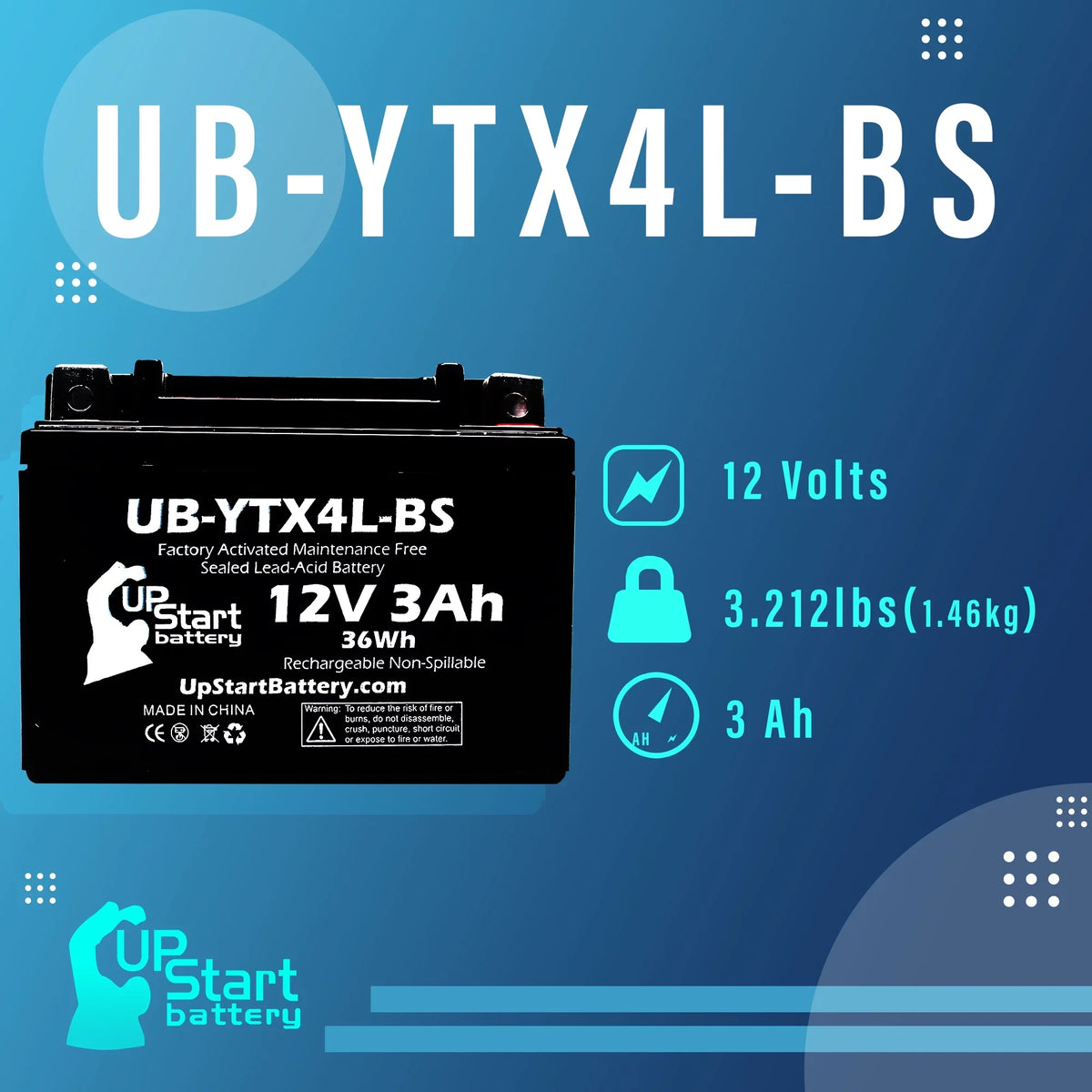 Free, 90CC ATV Maintenance 12V, 2004 Activated, Factory - 4-Pack Battery 3Ah, Quest Battery UpStart DS90F, Bombardier UB-YTX4L-BS Replacement (Can-Am) for DS90,