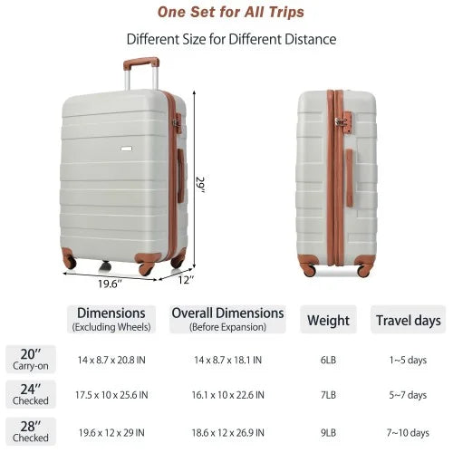 sets Sets ABS Hardshell 3pcs 20''24''28''( Hardside Expandable New Lightweight Suitcase Light Durable Model Luggage with Wheels Grey Spinner Lock Brown) Suitcase Luggage TSA and Clearance
