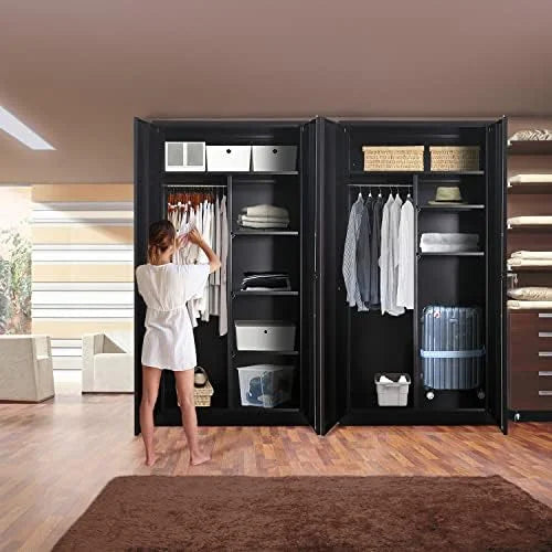 and Metal Removable - (White) Closet Rods Armoires with Lock Locker with Wardrobe Shelves Hanging Adjustable Bedroom 72" RUNFAYBIU