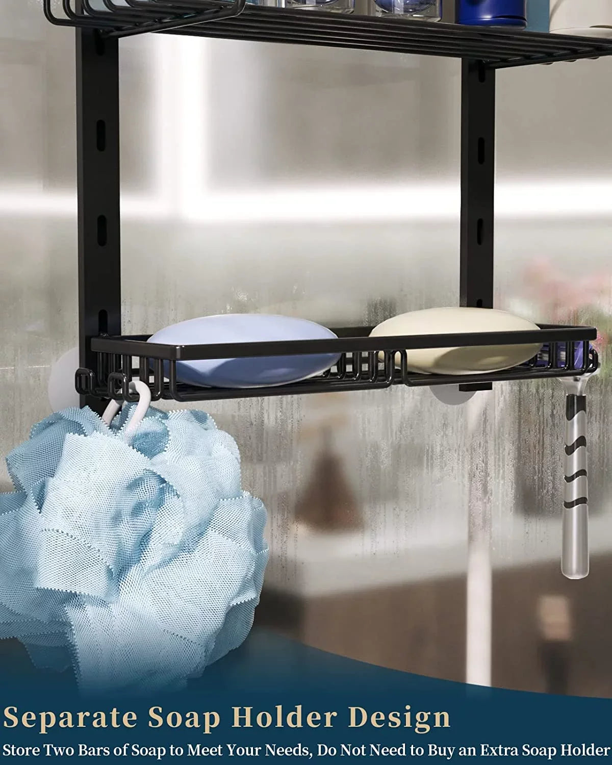 Bathroom Cups, Holder, with Door Shower Hanging Hooks 2 Adjustable Caddy 4 Suction Steel Caddy Shower Over & 4 Rustproof Shelf Tier for Stainless The Soap Consumest with Hanging Shower Organizer