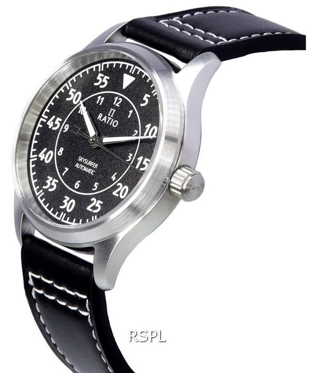 Black Automatic RTS320 Watch Ratio Skysurfer Pilot Leather Textured 200M Men's Dial