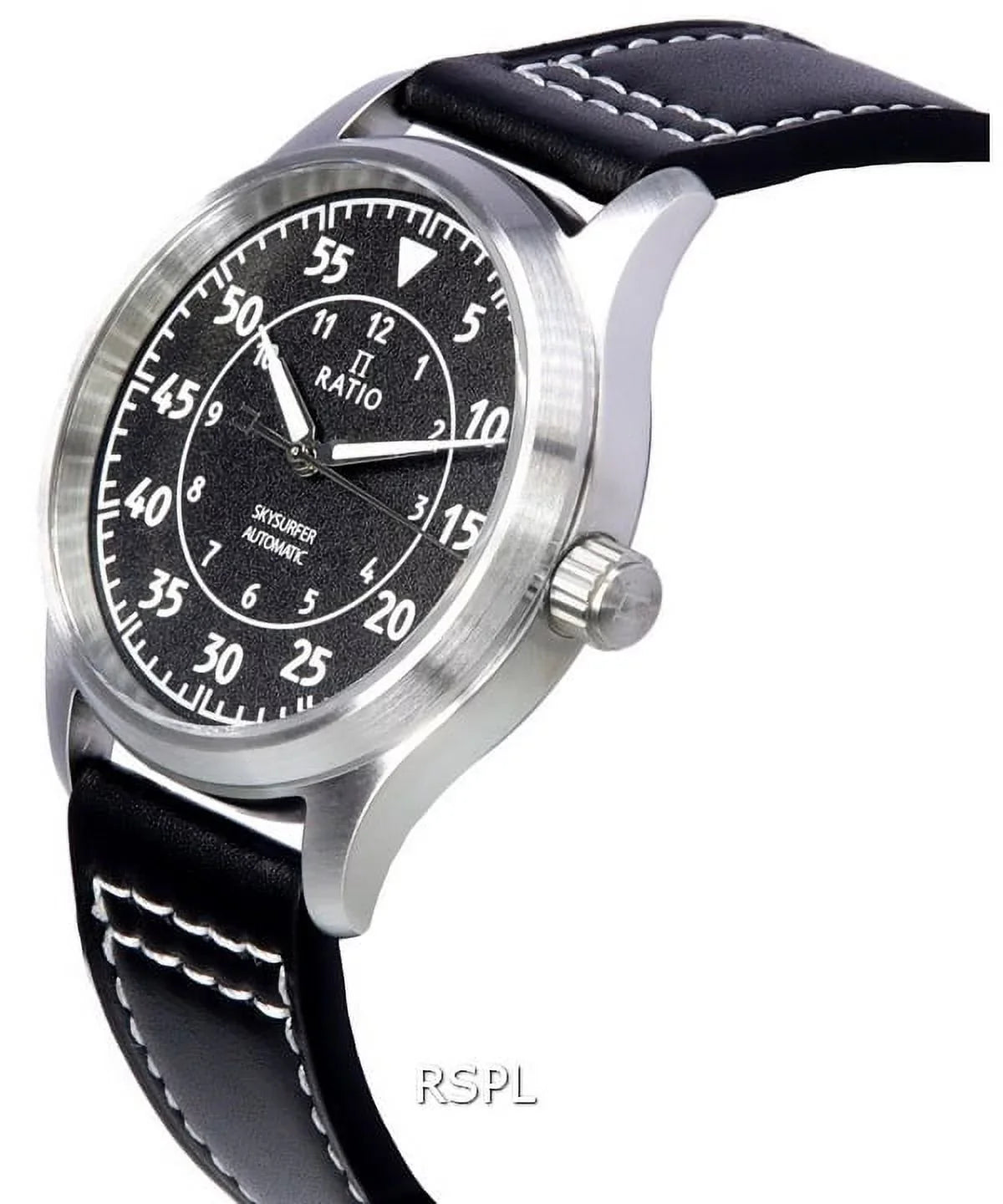 Black Automatic RTS320 Watch Ratio Skysurfer Pilot Leather Textured 200M Men's Dial