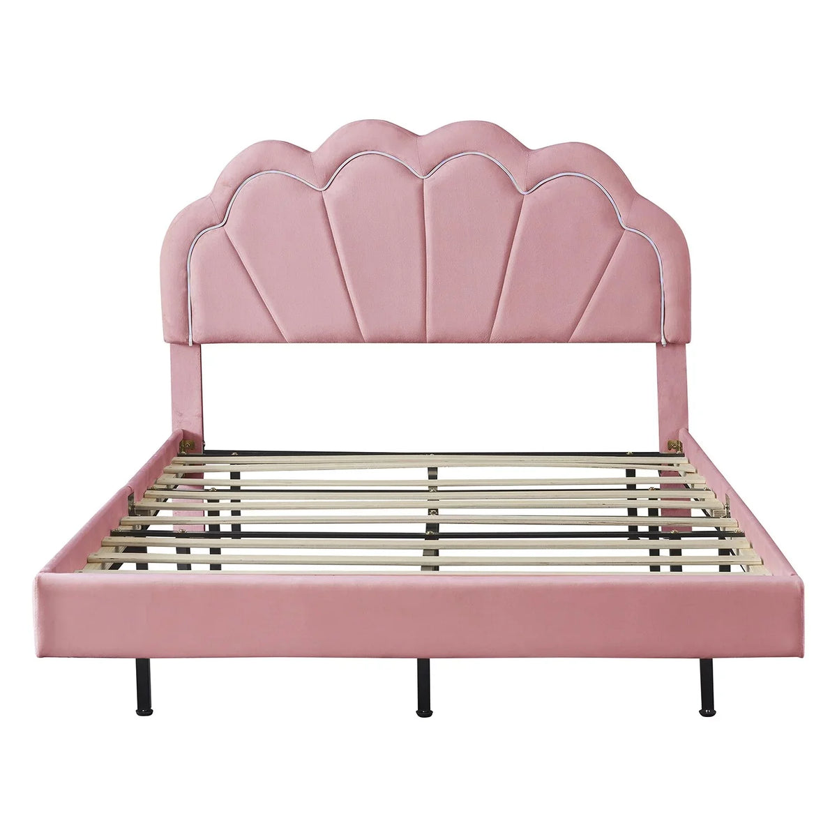 Smart Full Platform Bed Wooden with LED Slats dimension Support Beige