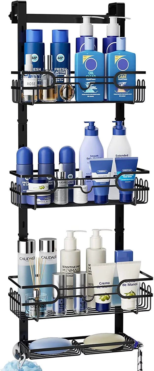 Bathroom Cups, Holder, with Door Shower Hanging Hooks 2 Adjustable Caddy 4 Suction Steel Caddy Shower Over & 4 Rustproof Shelf Tier for Stainless The Soap Consumest with Hanging Shower Organizer
