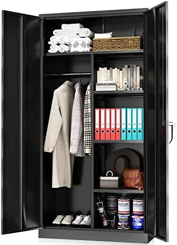 and Metal Removable - (White) Closet Rods Armoires with Lock Locker with Wardrobe Shelves Hanging Adjustable Bedroom 72" RUNFAYBIU