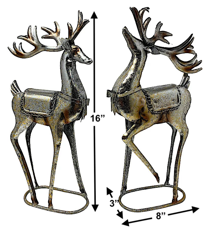 Office Fireplace Reindeer Home Room Color 16" Figurines Glitter Standing Decor Christmas Metal Statue Holiday Tabletop Champagne x 8" S/2