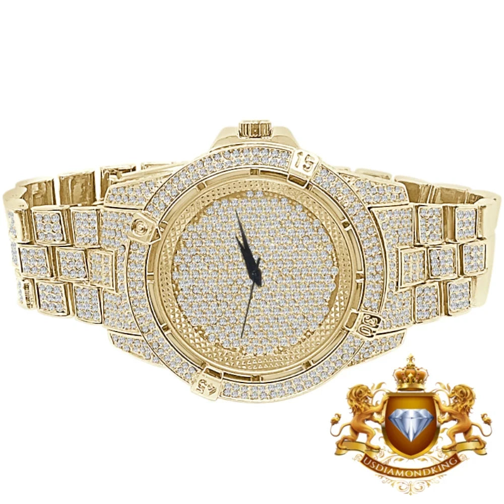 Bling Techno Gold Pave Finish Yellow Simulated Crystal Fully Diamond Men's Watch
