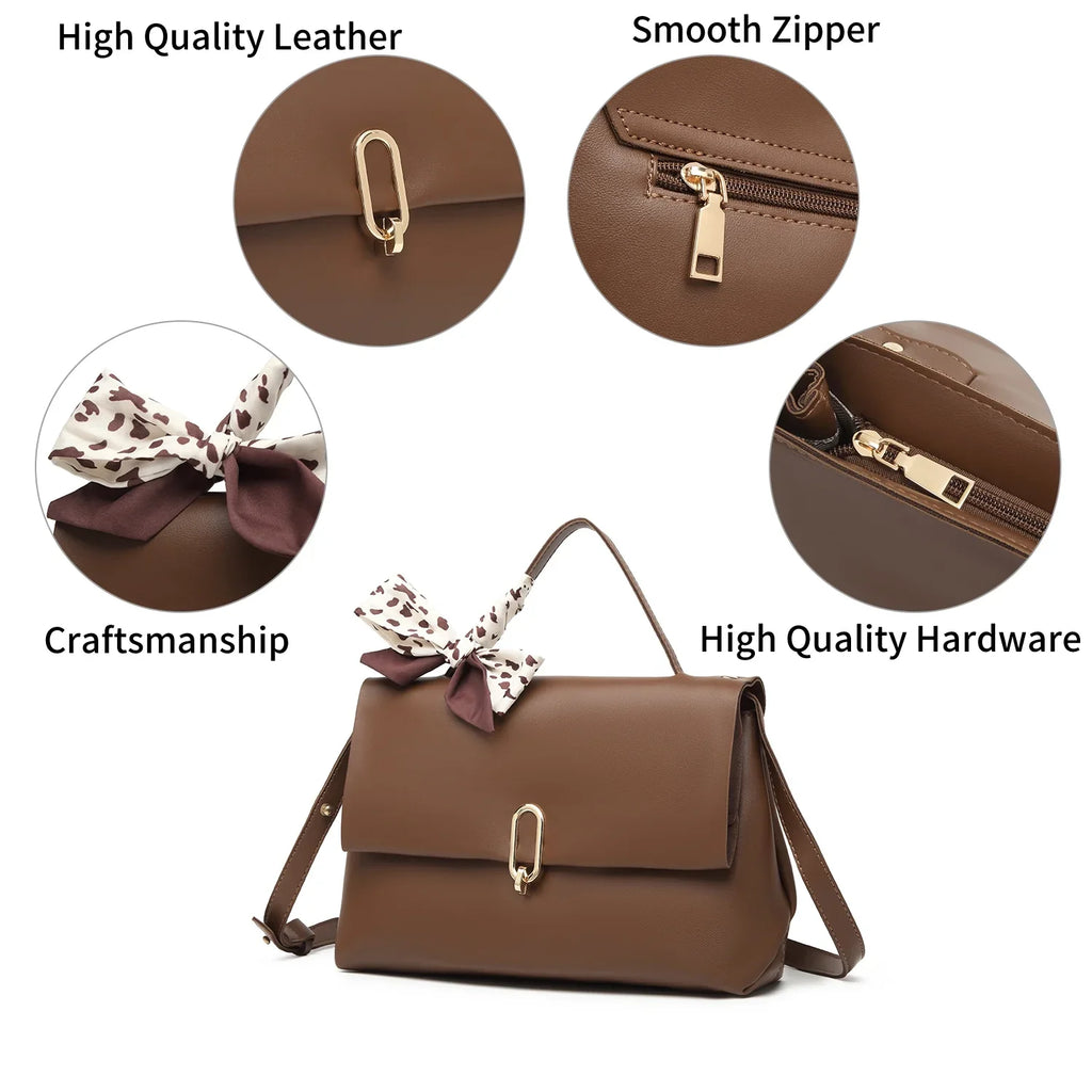 bags Women's Silk square Leather handbags bag crossbody Brown Flap Bag Handle Shoulder ladies hand PU Scarf bags women