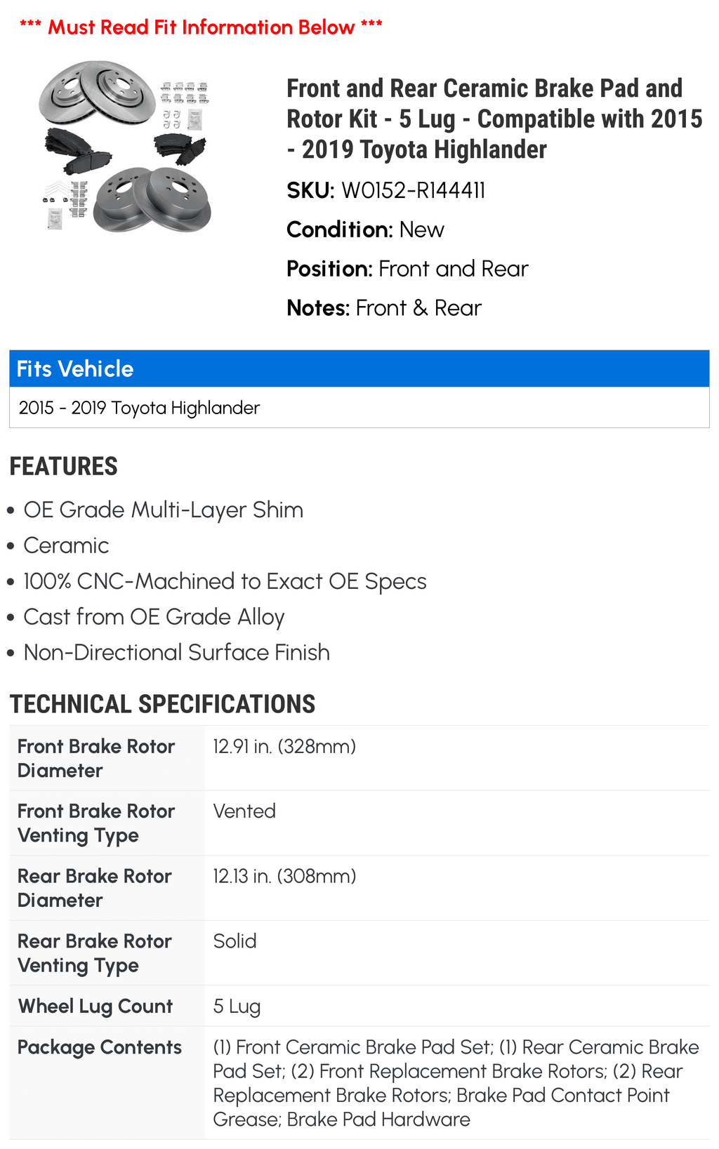 2018 Front Lug - 2019 - Compatible Rotor with 2015 Pad 2016 2014 and Kit Brake Highlander 5 2017 and Ceramic - Rear