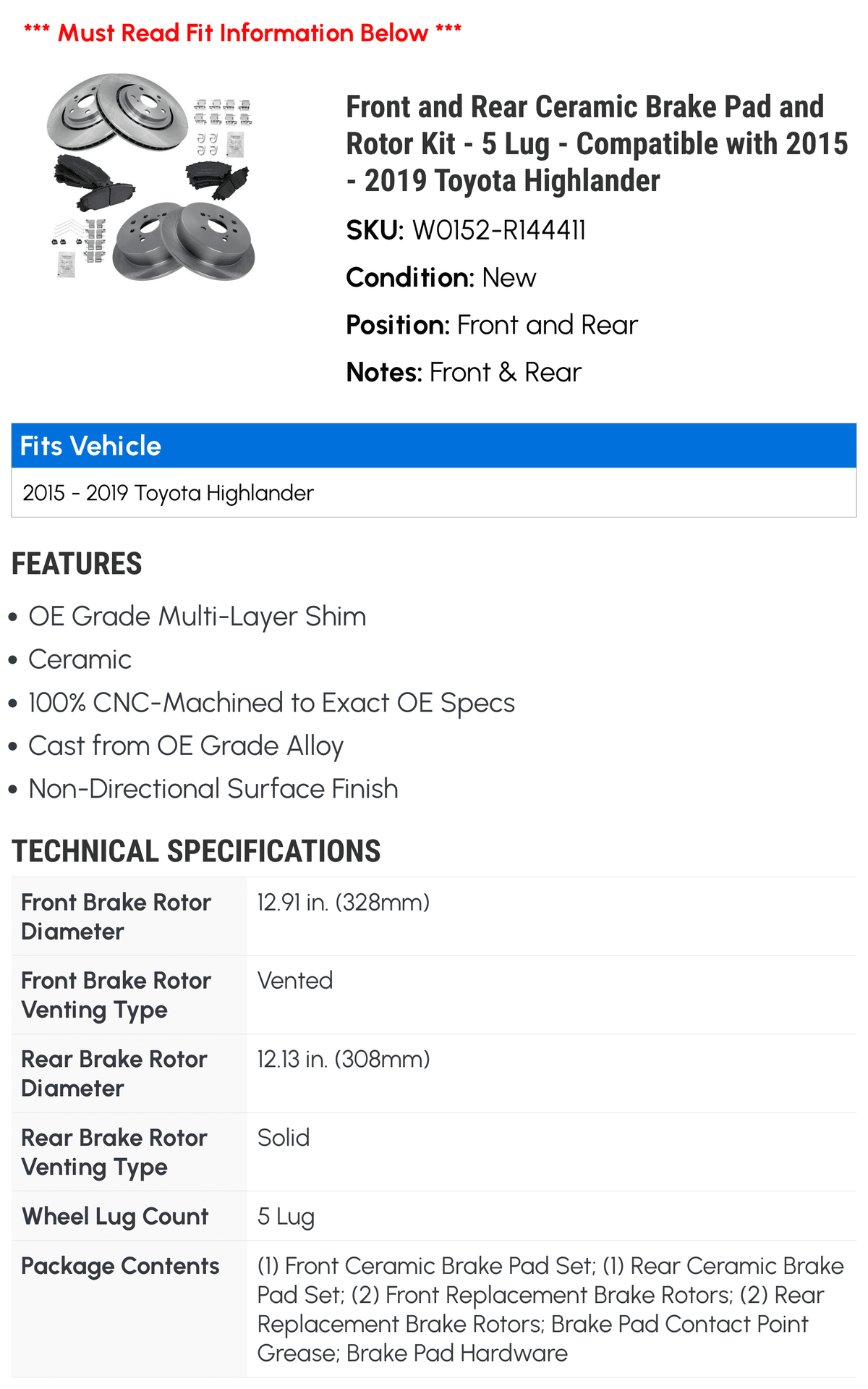 2018 Front Lug - 2019 - Compatible Rotor with 2015 Pad 2016 2014 and Kit Brake Highlander 5 2017 and Ceramic - Rear