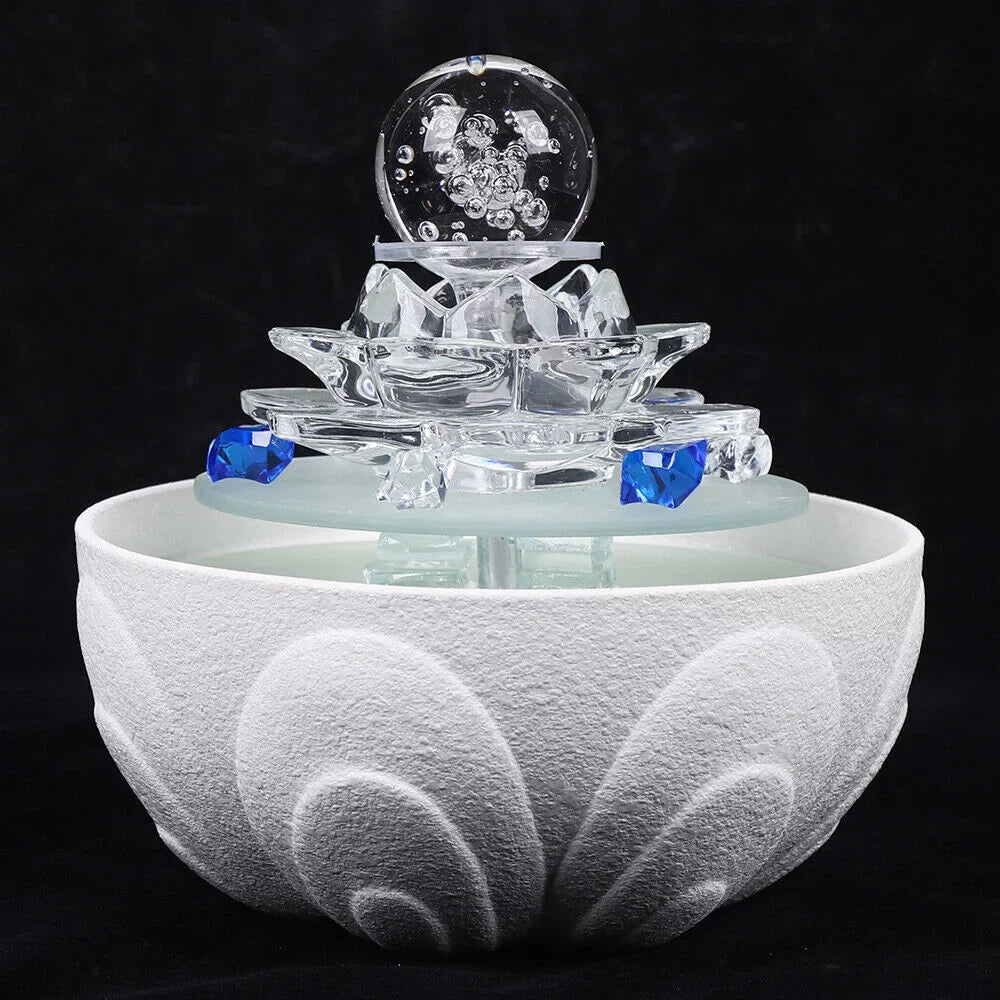 Lotus Fountain Waterfall White Fountain, Crystal Teahouse Fountain Office Tabletop Decor liquid Ornament Desktop liquid Desktop Flowing