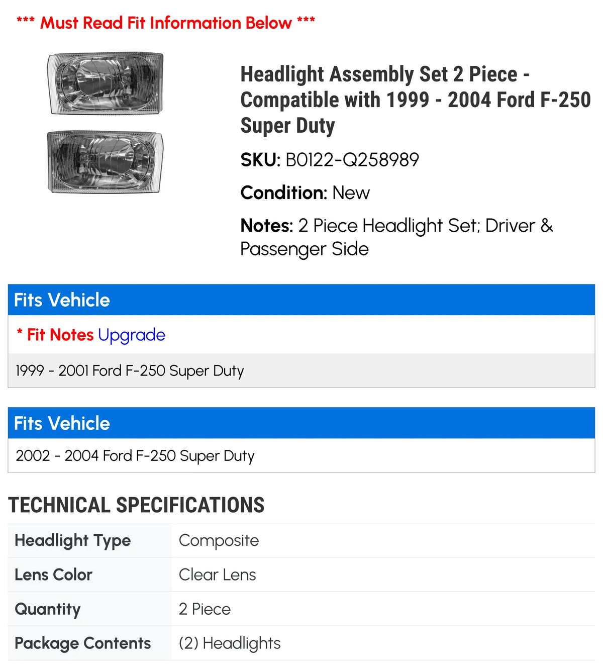 1999 Duty Assembly 2004 2001 2000 Set with Compatible - F-250 2002 Piece Super 2003 - Headlight 2