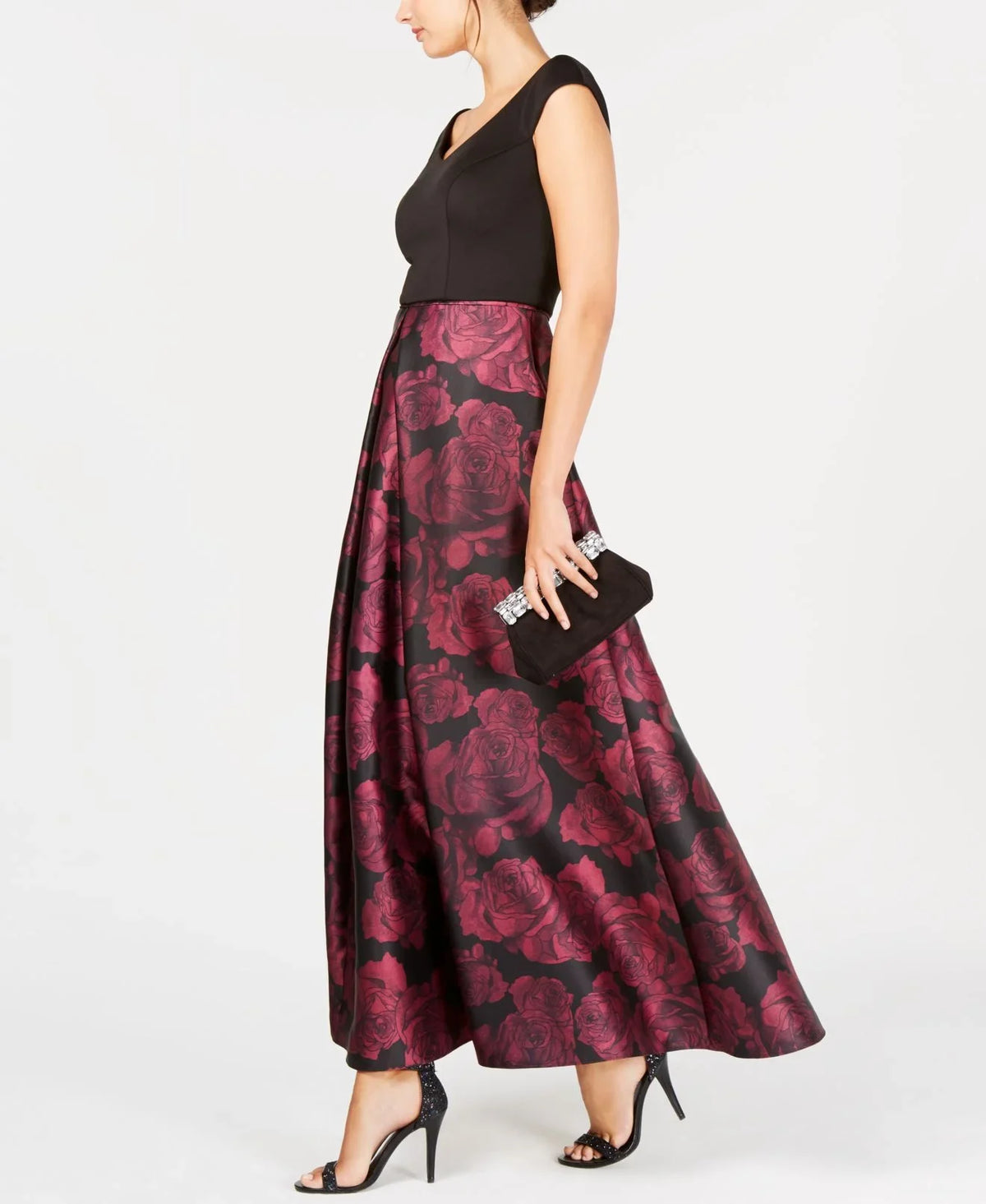 Printed (6, Satin Gown SL Women's Black/Magenta) Fashions