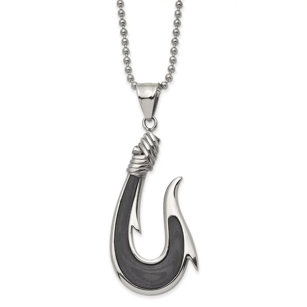 25.9mm Hook Pendant Jewelry With Steel Chain Chisel a Fiber Carbon Necklace 22 Inch Polished Stainless Black Solid Ball