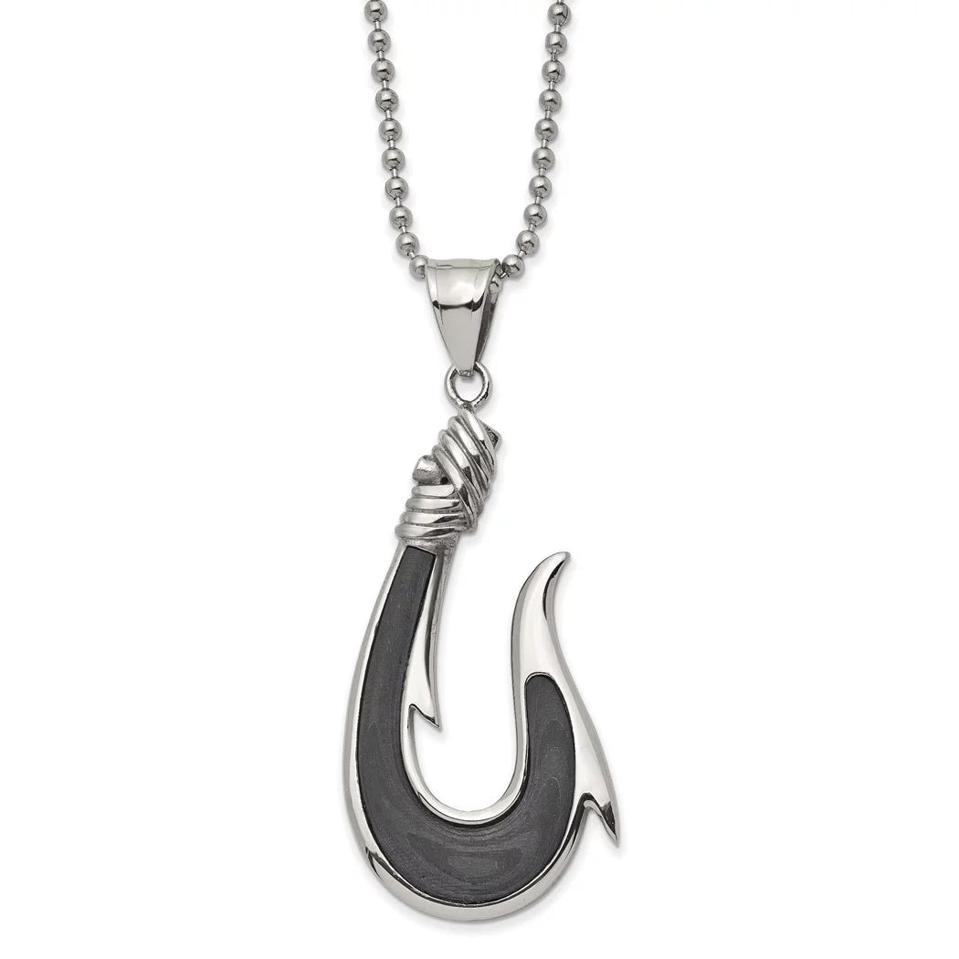 25.9mm Hook Pendant Jewelry With Steel Chain Chisel a Fiber Carbon Necklace 22 Inch Polished Stainless Black Solid Ball