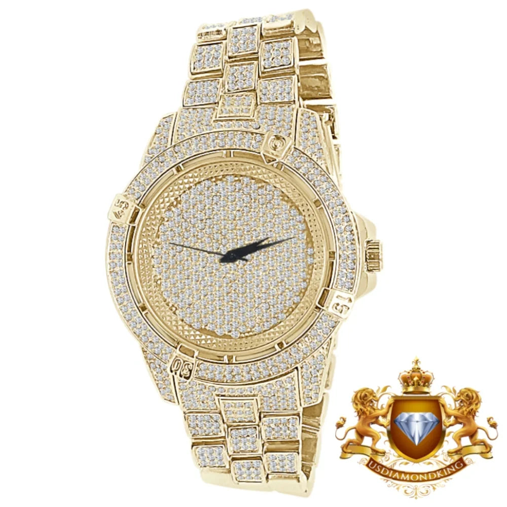Bling Techno Gold Pave Finish Yellow Simulated Crystal Fully Diamond Men's Watch