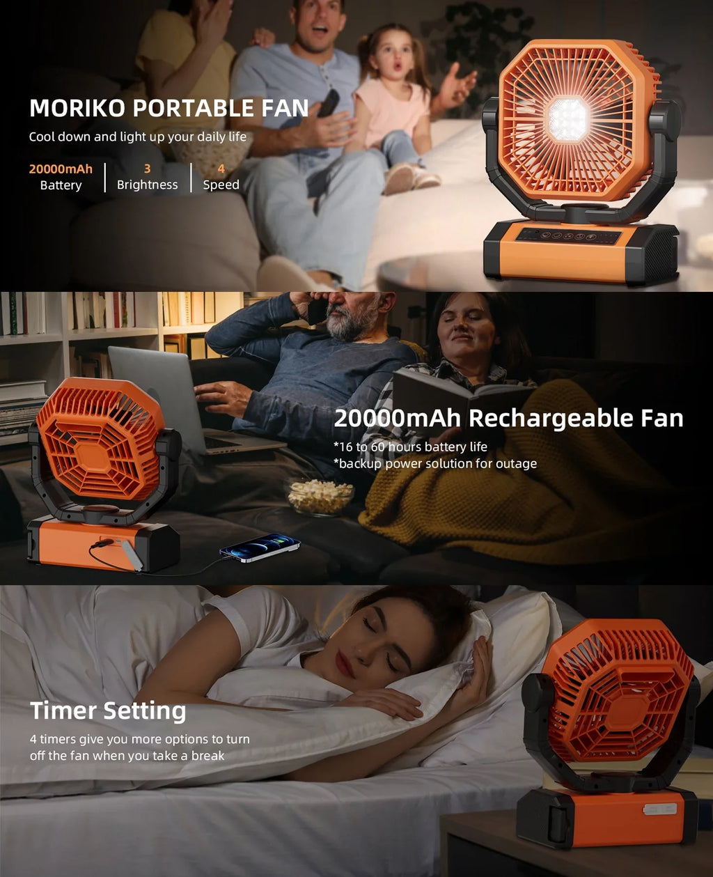 exterior LED Brushless Garage Timer, Portable Motor, MORIKO Patio Battery Fan Rechargeable Lantern, 20000mAh Remote, 270° Powered Ventilator Pivot 4 90° Jobsite Oscillating Fan Cordless w/ Speed Hook,