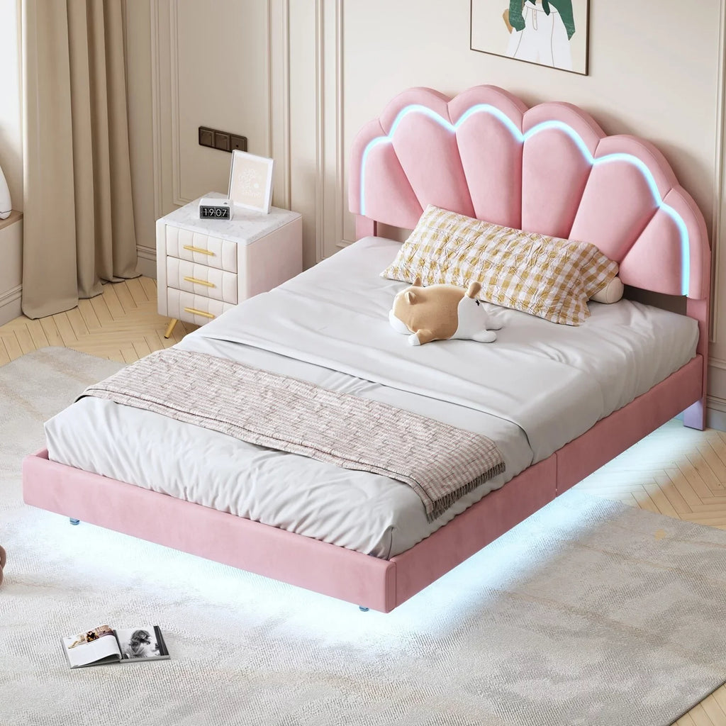 Smart Full Platform Bed Wooden with LED Slats dimension Support Beige