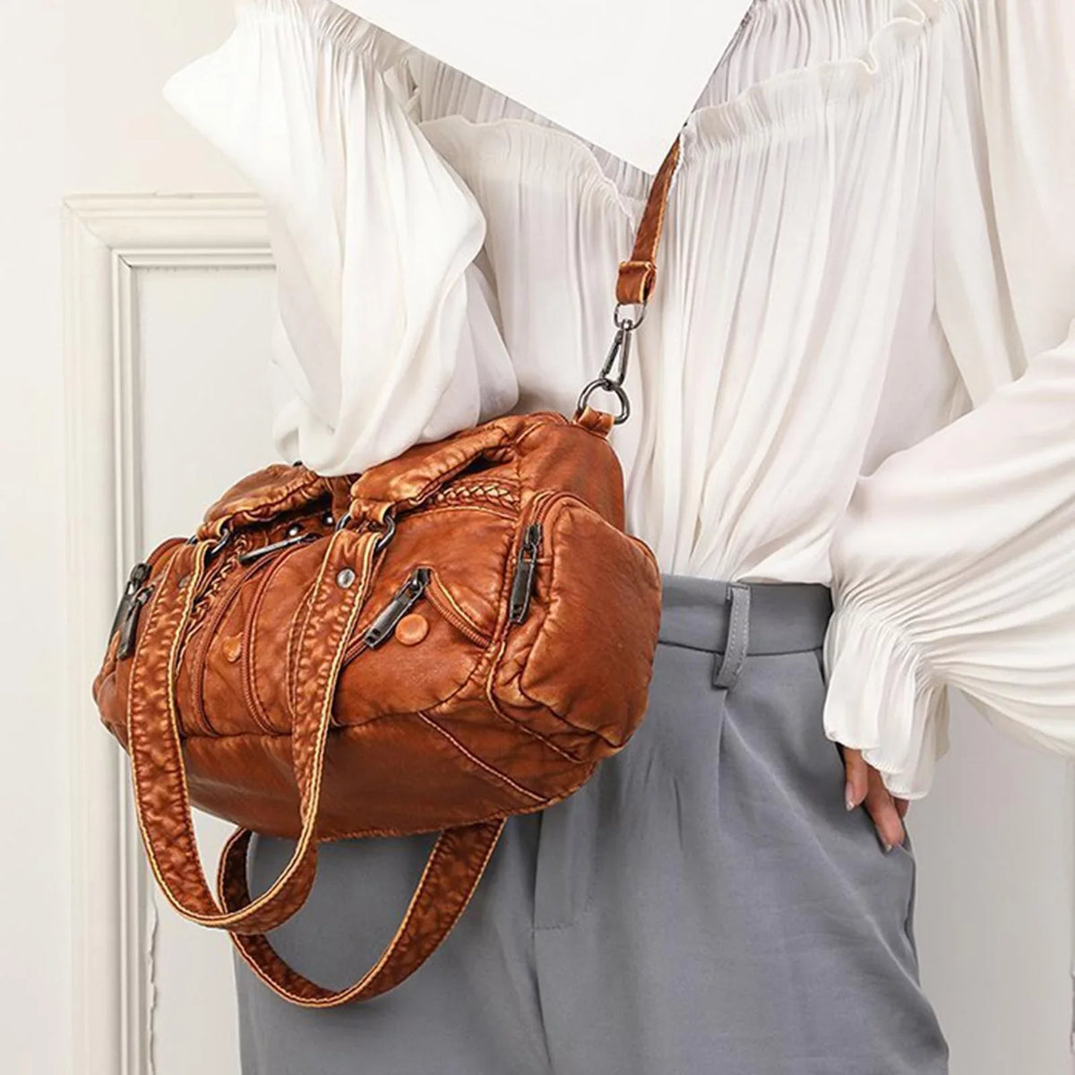 Cosmetic Use Presents Purses Leather Traveling PU Vintage Bags Tote for Bag Strap Clutch Capacity Brown Adjustable Daily Large Shoulder Ladies