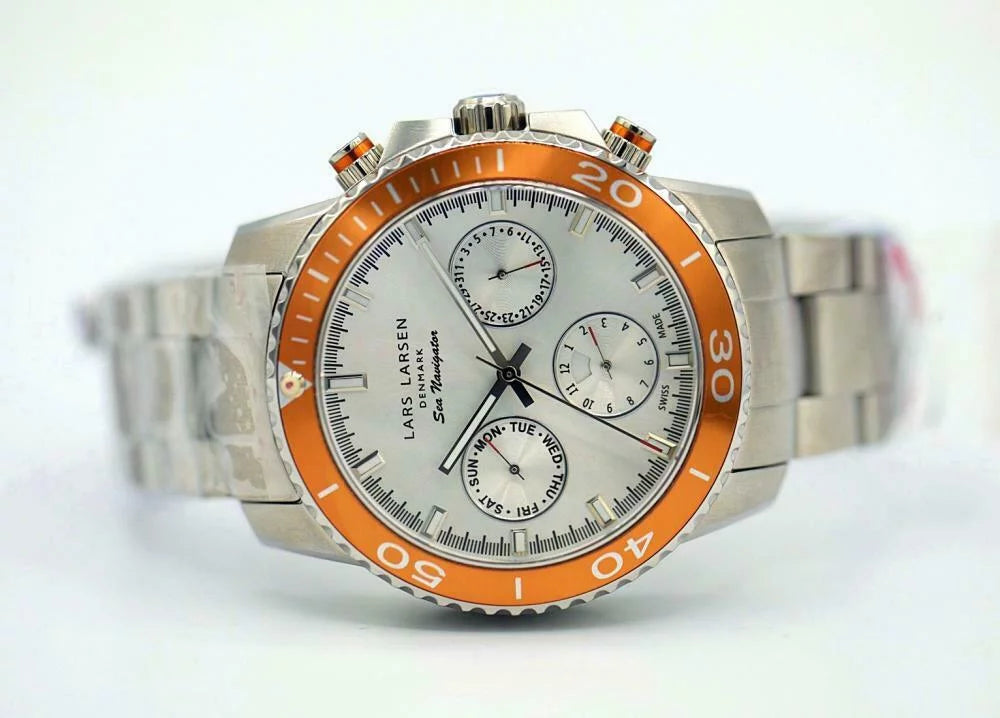Lars Navigator Bezel Watch 46mm Steel 134SSOSB Orange Steel Sea Larsen Men's