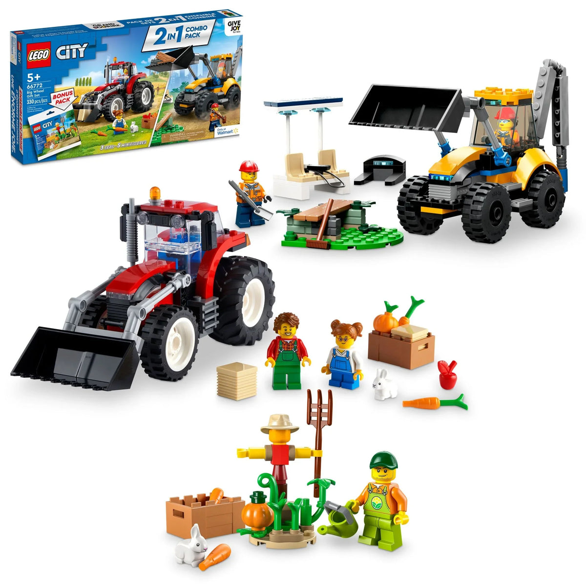 Farm City Garden and Boys Great Gift Set, 5 Ages & and Girls Tractor Bonus Wheel 2in1 Construction 66772 Digger Toy Plus Gift for Sets Scarecrow Big Building and up, Pack, LEGO