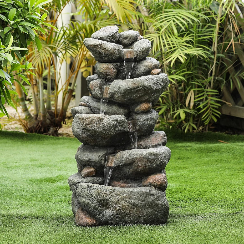 Resin Fountain, Backyard exterior Fountain For Courtyard Fountain Layer Decorative Floor Garden Stacked Rock Waterfall Cascading 4
