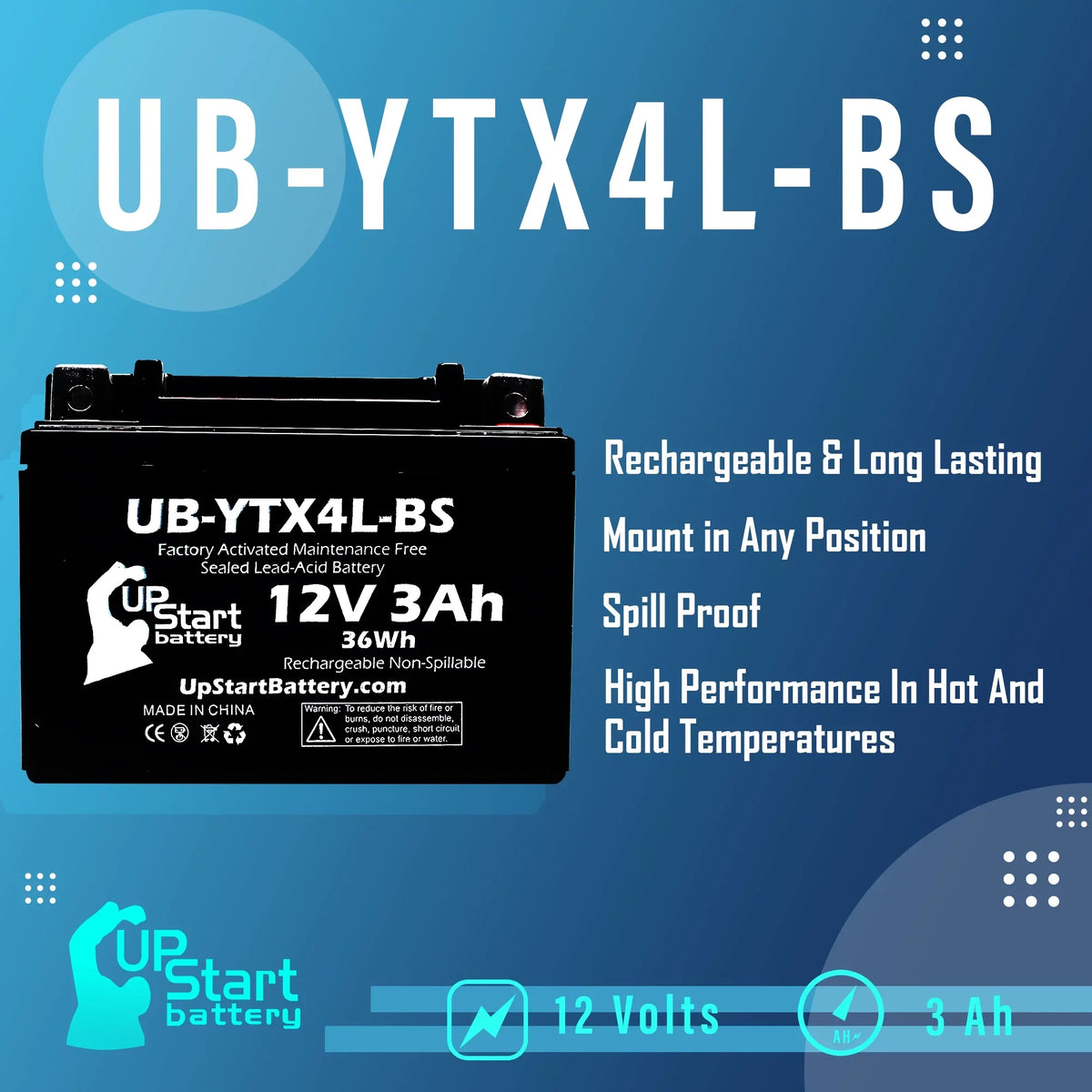 Free, 90CC ATV Maintenance 12V, 2004 Activated, Factory - 4-Pack Battery 3Ah, Quest Battery UpStart DS90F, Bombardier UB-YTX4L-BS Replacement (Can-Am) for DS90,